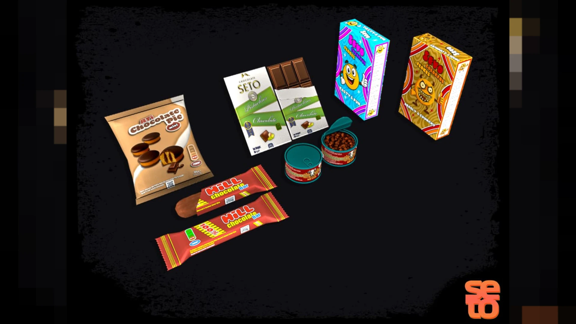 Assorted snack props including chips, candy, and drinks on a shelf