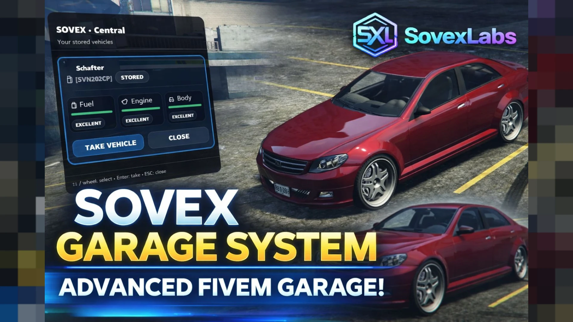 FiveM garage system NUI listing stored vehicles for a player — view 2