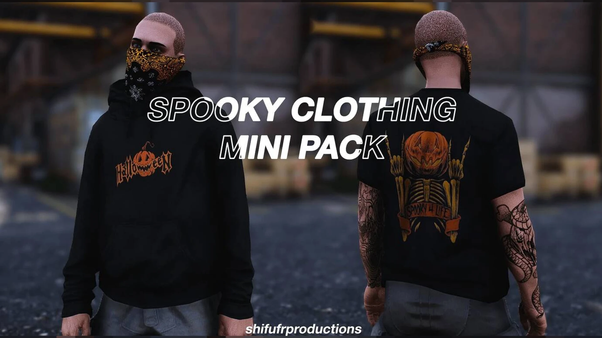 Spooky clothing pack hoodie, tee, and face mask on a FiveM ped