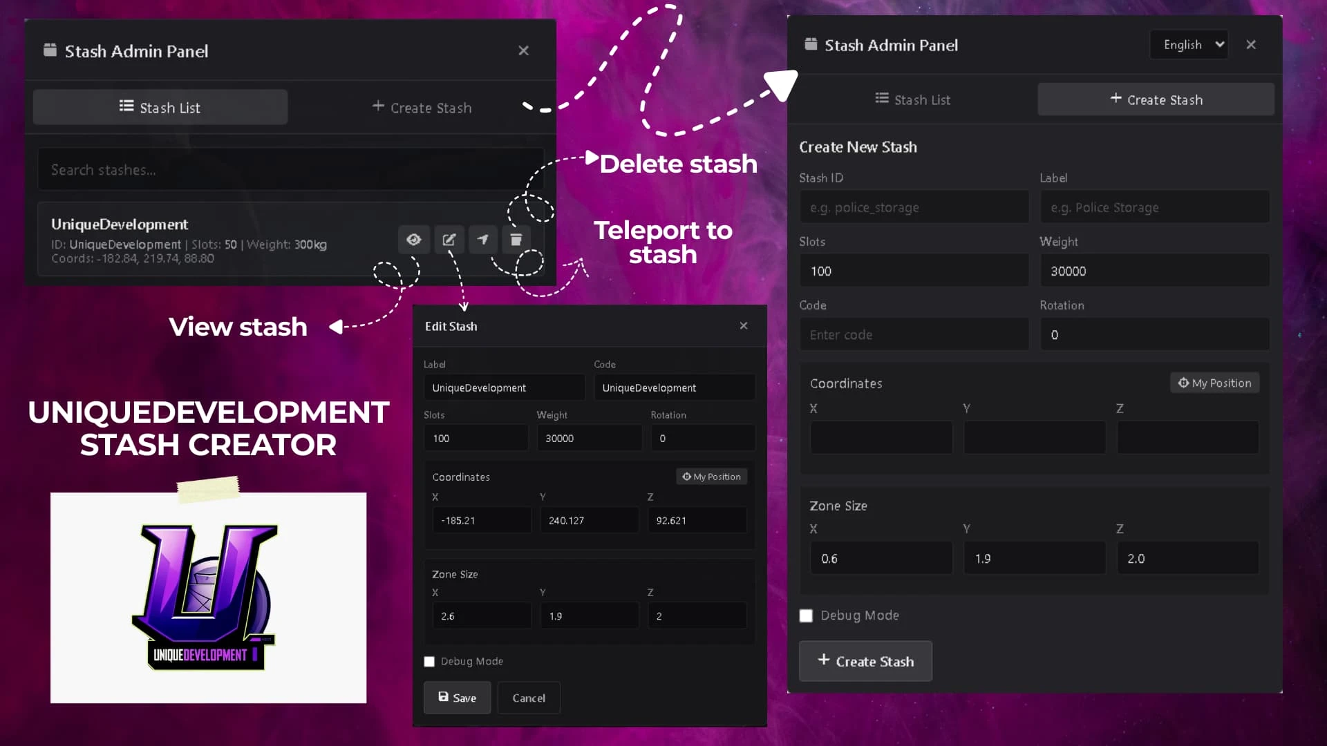 Stash Creator FiveM script — placing a storage stash in-game