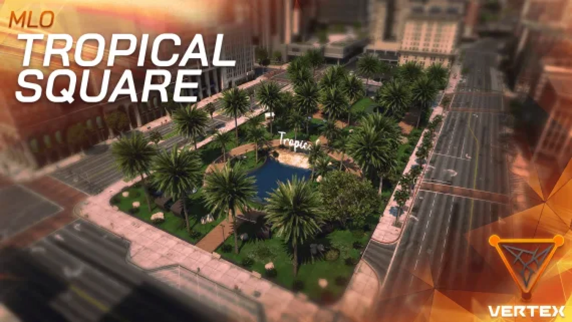 Tropical square mlo palm-lined plaza with fountains in FiveM