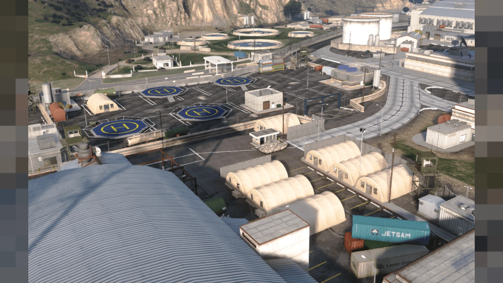 Fort zancudo mlo military airbase with hangars and runway checkpoints