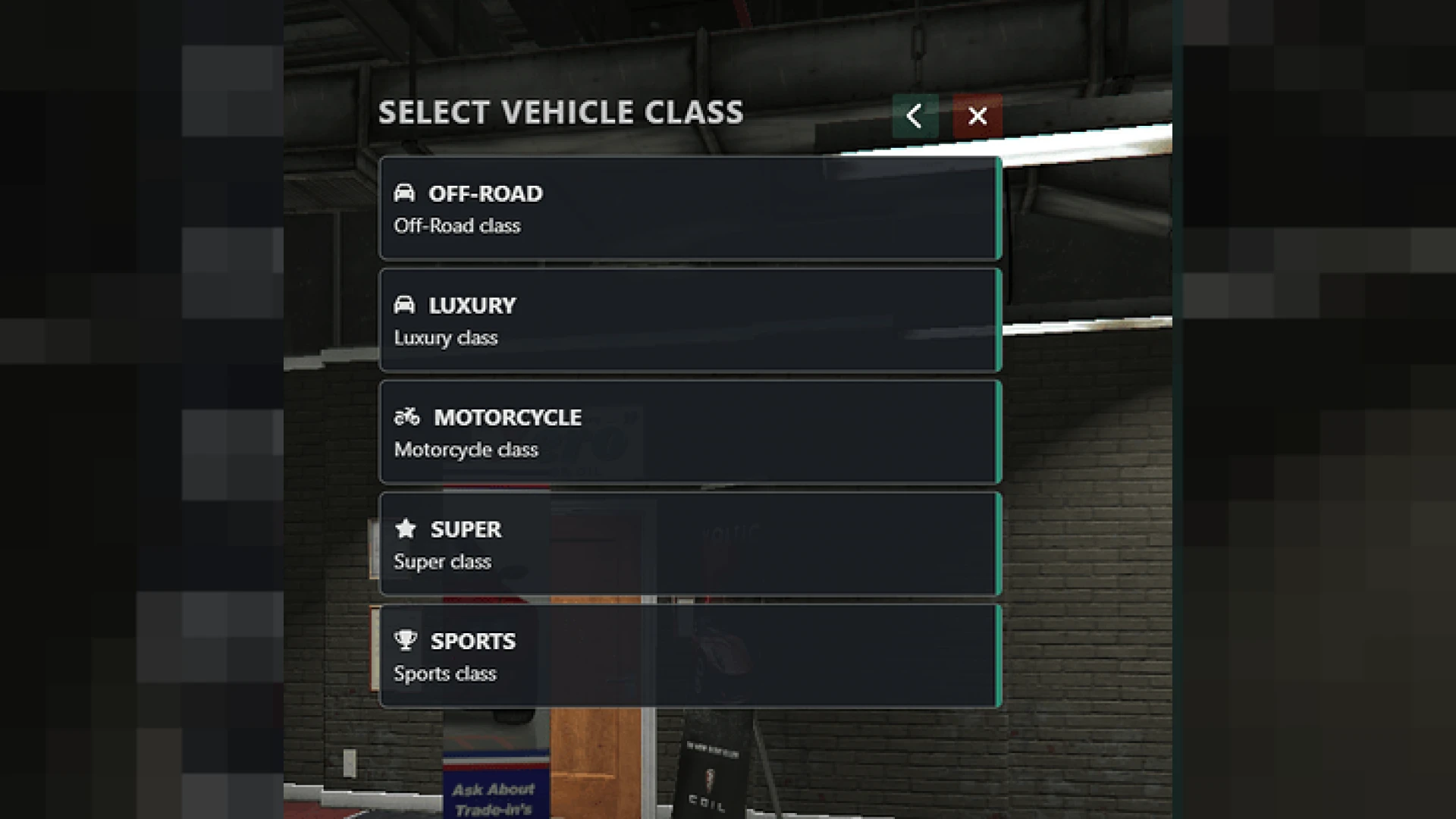 Vehicle dealership shop NUI showroom displaying cars for sale in FiveM