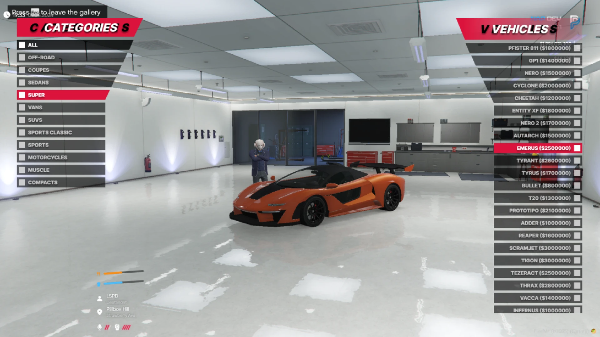 Vehicle dealership in FiveM with a player previewing a car to buy