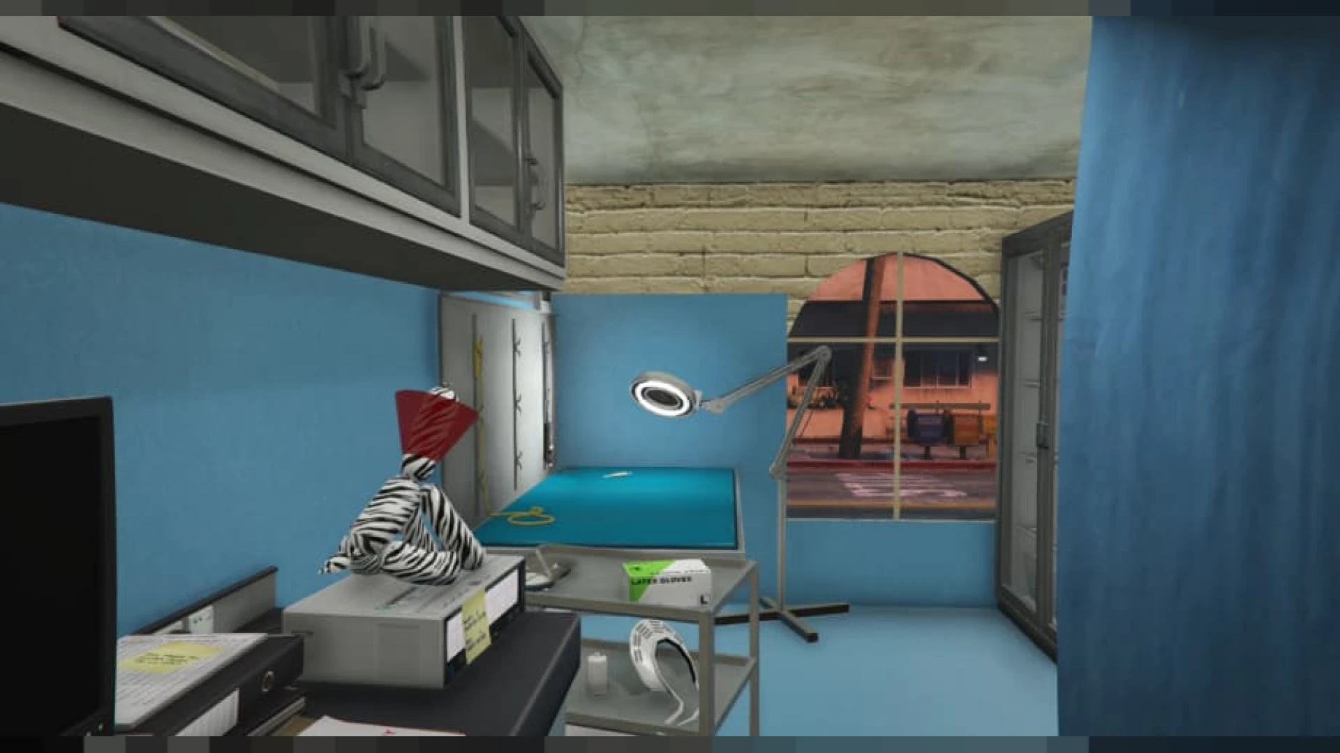 Vespucci veterinary clinic with reception desk, exam rooms, and surgery beyond — view 2