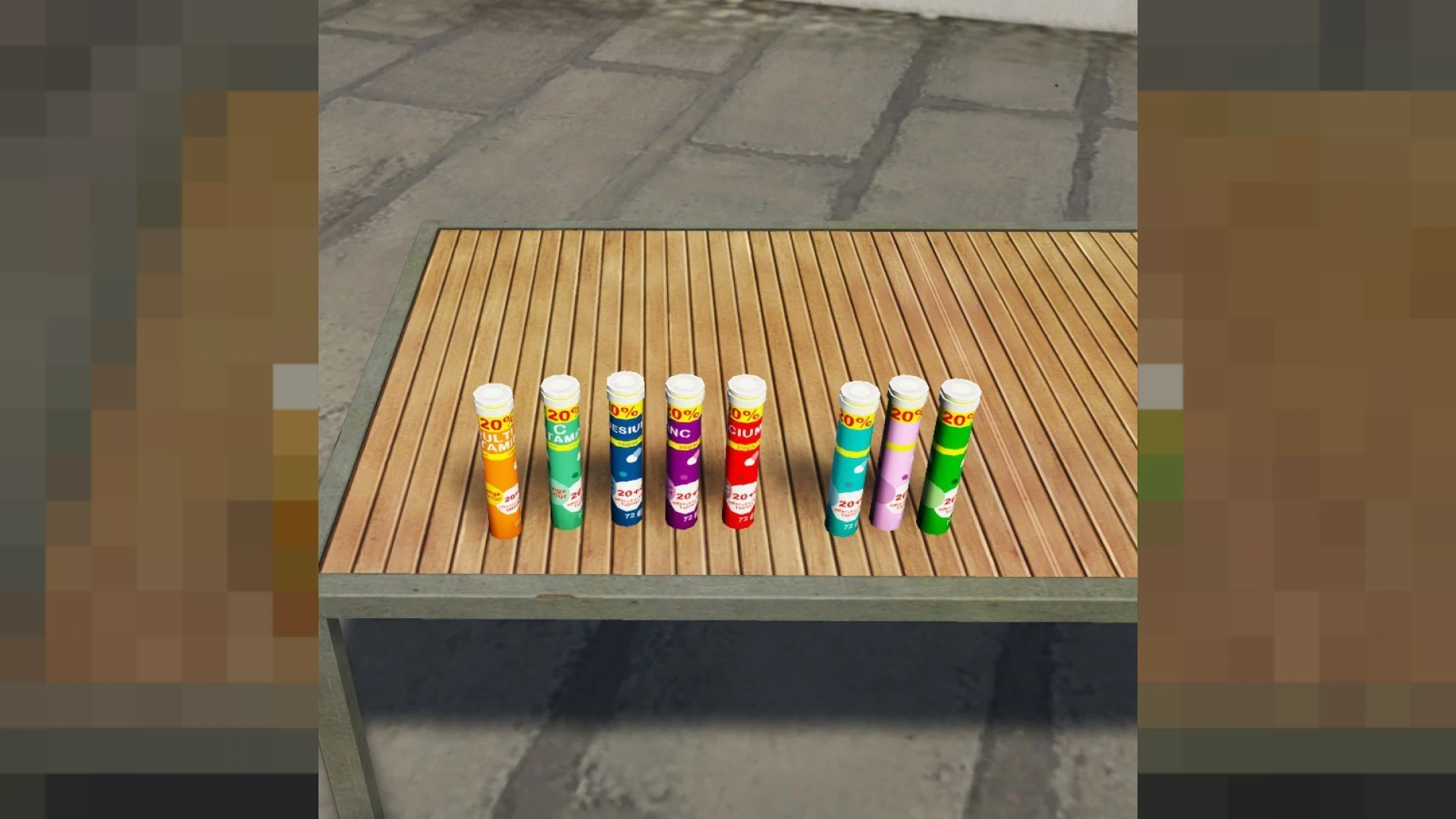 Vitamins props supplement bottles and pharmacy shelf stock arranged in FiveM