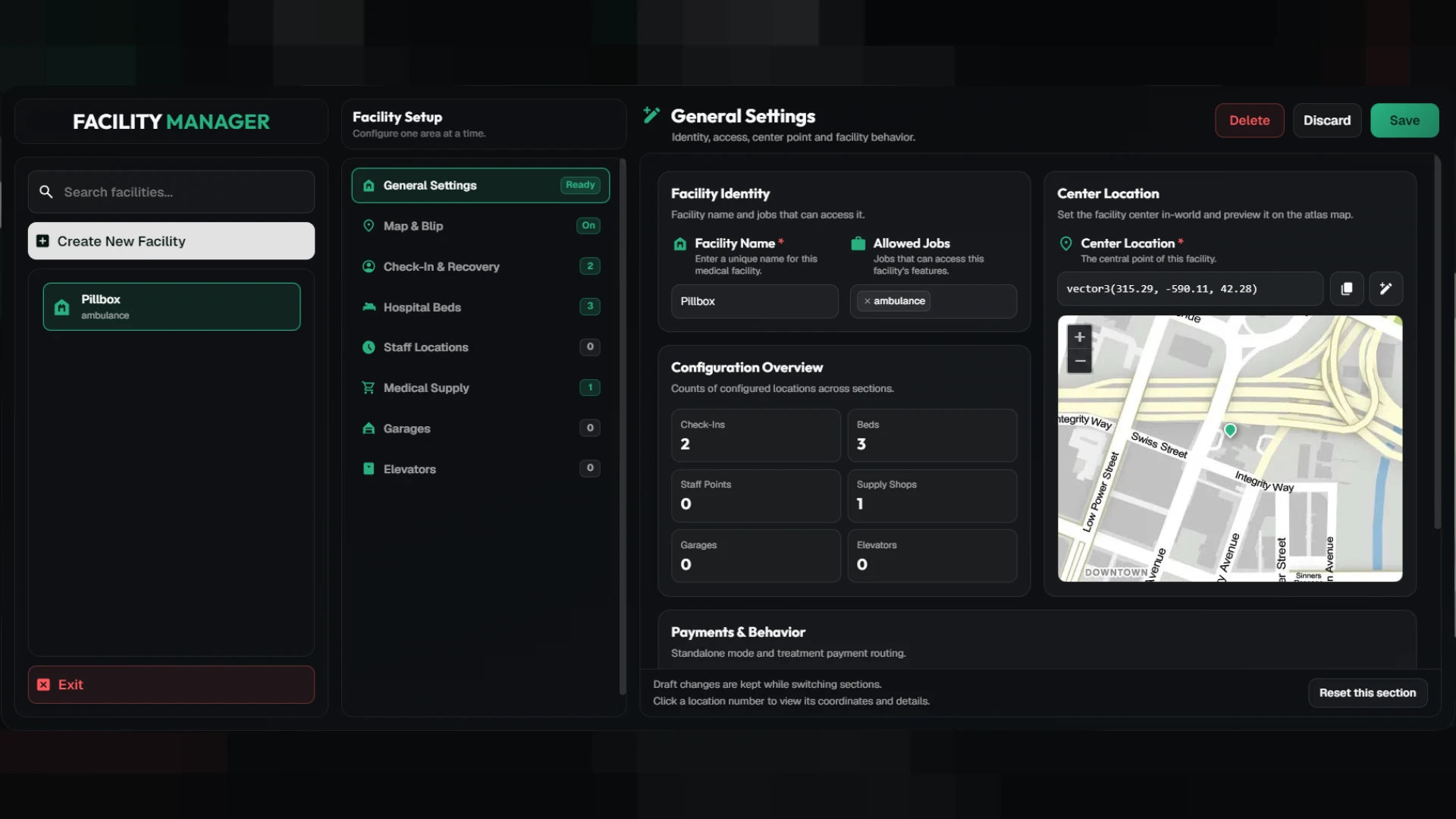 Wasabi Ambulance Job facility management panel for creating hospitals in-game