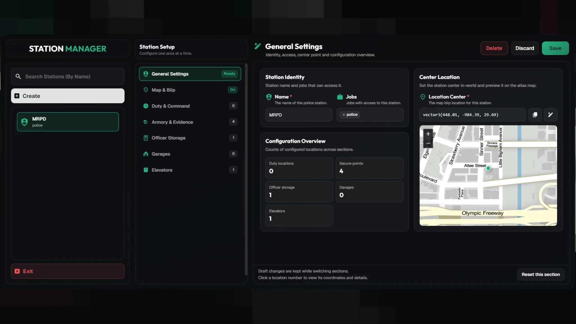 Wasabi Police Job station management panel — create and edit police stations in-game