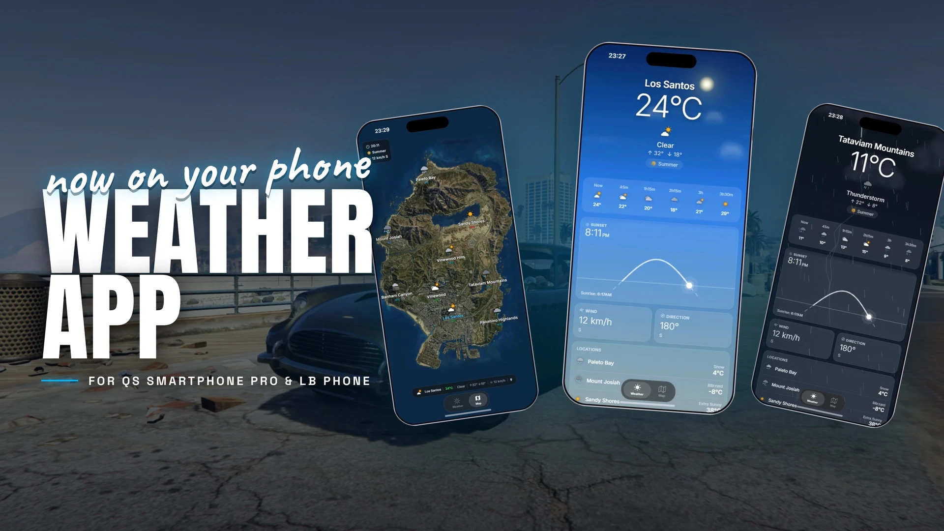 Weather phone app showing a live forecast on QS Smartphone Pro in FiveM