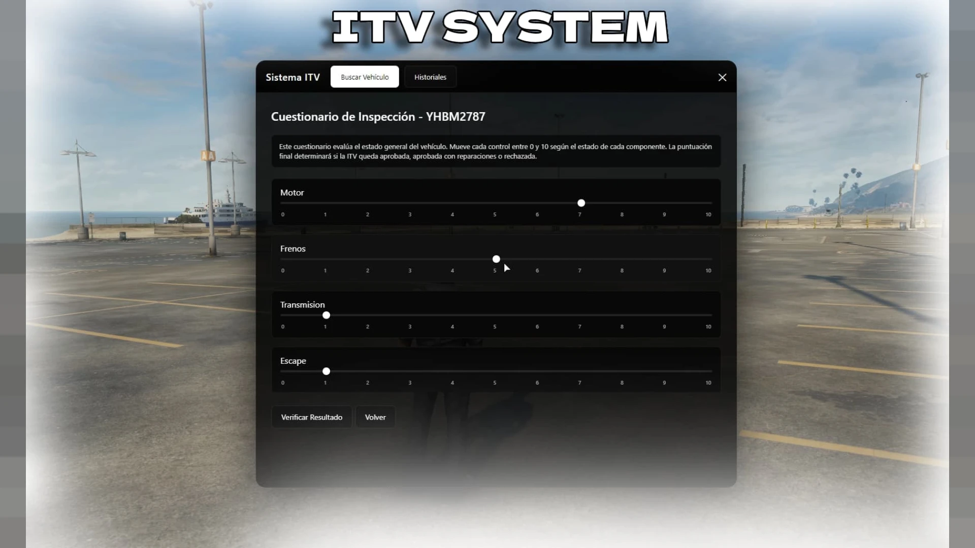 FiveM vehicle inspection system checking a car at an ITV station