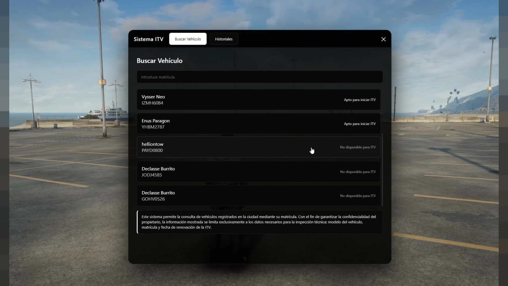 FiveM vehicle inspection system checking a car at an ITV station — view 2