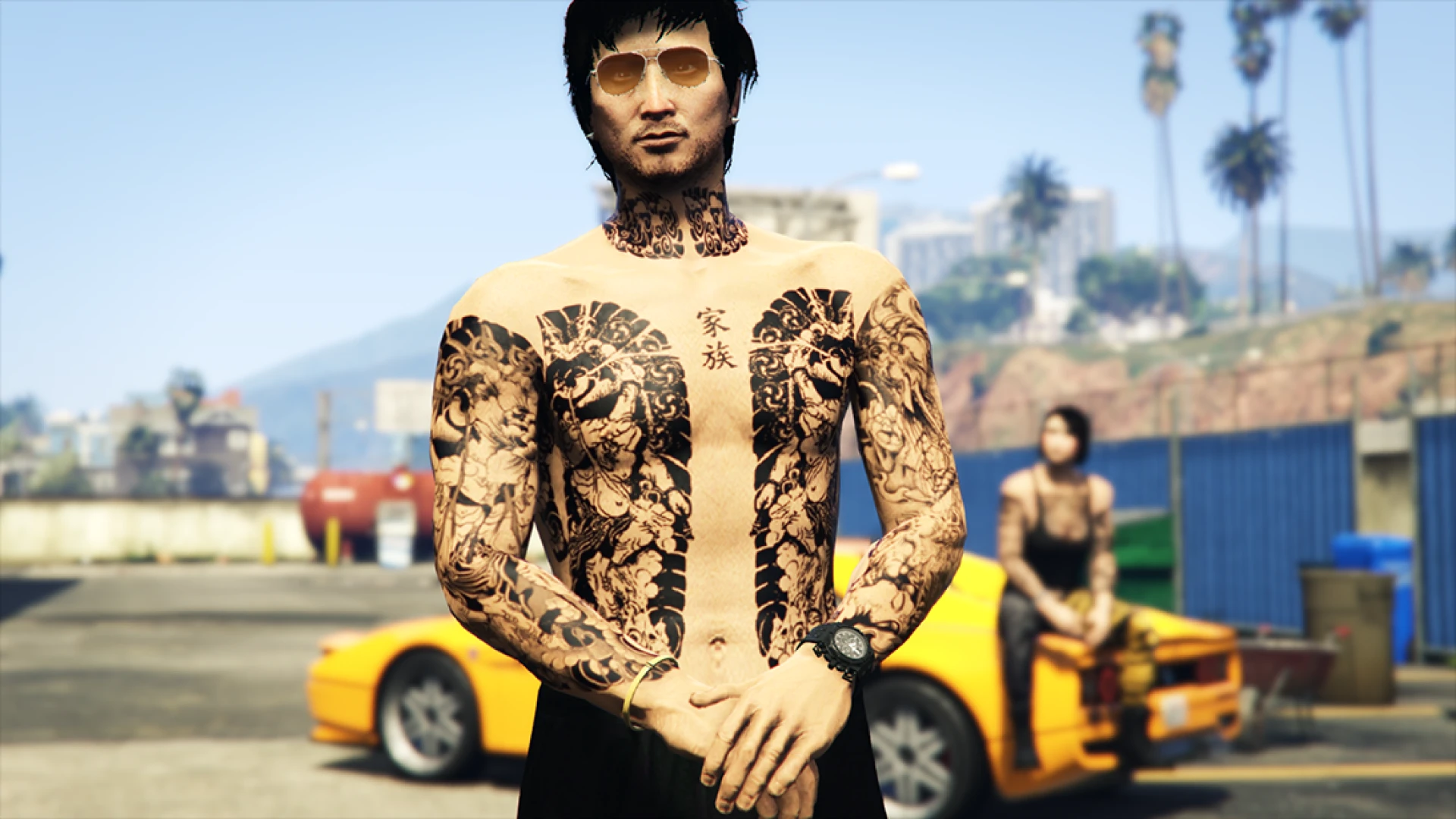 yakuza tattoos full-body irezumi on a GTA V character — view 2