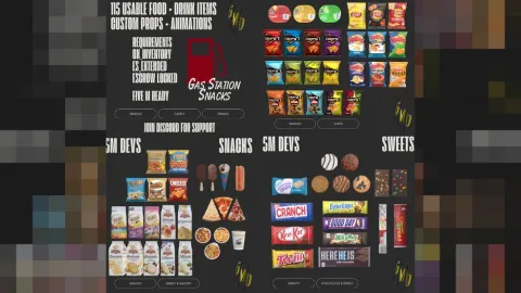 Gas station food props filling a convenience store shelf — FiveM script
