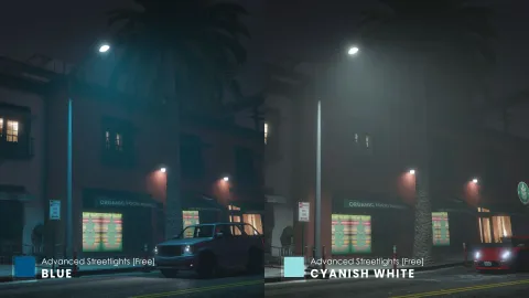Advanced streetlights casting warm glow over a FiveM night street — view 2