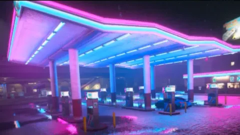 Animated gas stations forecourt with lit signage in FiveM