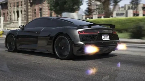 Audi RS8 2020 FiveM add-on super sedan parked under downtown neon lights