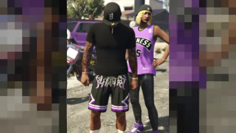 Ballas clothing pack shown on male and female FiveM characters
