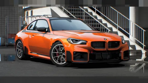 BMW M2 compact coupe with tuning parts shown in a FiveM garage