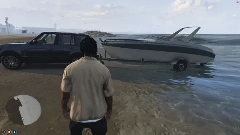 Boat trailer towing a boat toward a launch ramp in FiveM — view 2
