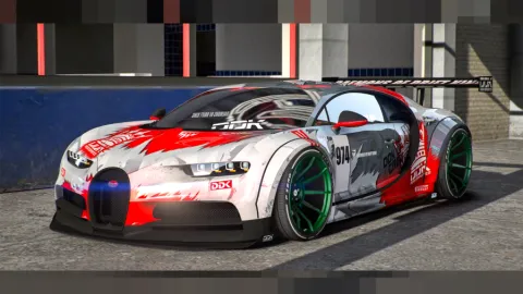 Bugatti Chiron Liberty Walk widebody hypercar in a FiveM garage