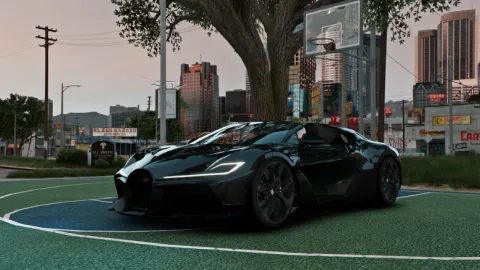 Bugatti Divo FiveM add-on hypercar parked in the city at dusk