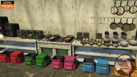Kitchen props pack with appliances, cookware, and food dressing on counters — FiveM prop