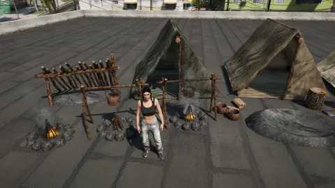 Survival props scattered around a rugged FiveM wilderness camp