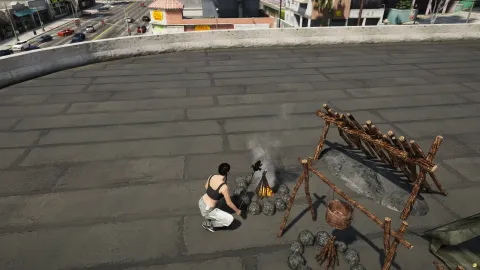 Survival props scattered around a rugged FiveM wilderness camp — view 2