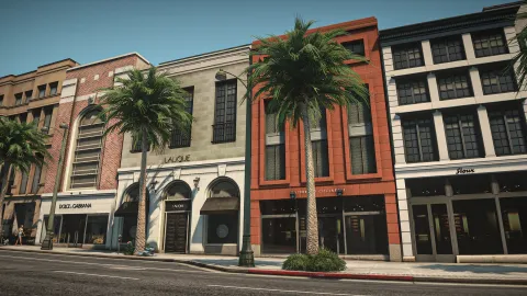 California places landmarks and signage recreated in a FiveM Los Santos street — view 2