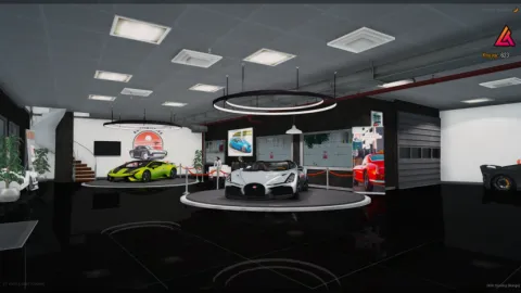 Car dealer mlo showroom floor with display bays and a reception desk — view 2