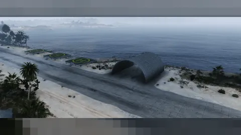 Cayo Perico Airport terminal and hangars beside the runway in FiveM — view 2