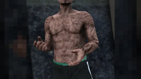 Chest tattoos displayed on a shirtless MP Male character in FiveM