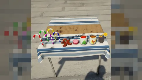 Christmas food props roasts platters and festive desserts arranged in FiveM