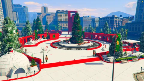 Christmas Legion Square MLO lit up with market cabins and a Santa statue — FiveM