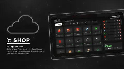Cloud shop system storefront with categories open inside a FiveM store