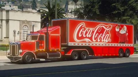 Illuminated red Coca Cola truck decorated for Christmas in FiveM
