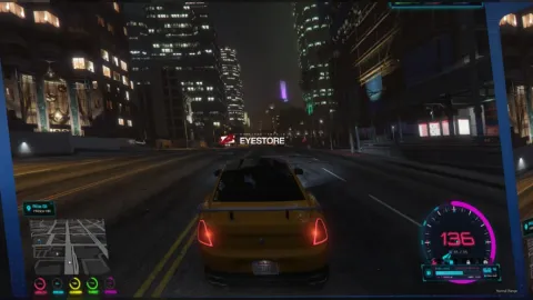Cyber HUD Ultra neon speedometer and vital stats on a FiveM screen