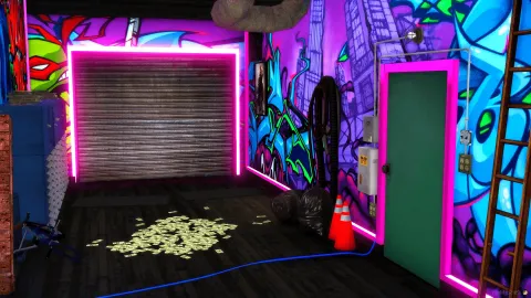 Cyberpunk hideout neon criminal headquarters interior in FiveM — view 2