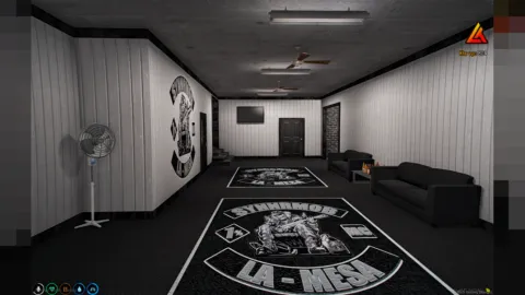 MC clubhouse mlo interior with bar, bikes, and meeting room — view 2