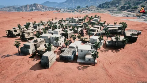 Desert village with rustic buildings, dirt roads, and open sandy terrain — FiveM MLO