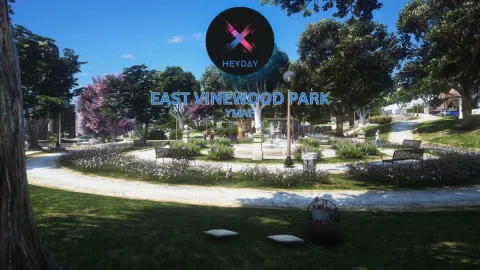 East Vinewood park with landscaped lawns and benches in FiveM
