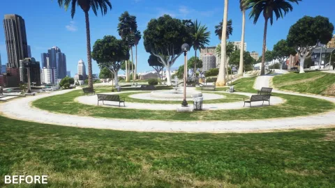 East Vinewood park with landscaped lawns and benches in FiveM — view 2