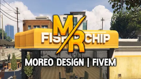 Fish and chip restaurant counter and seating area in a FiveM server