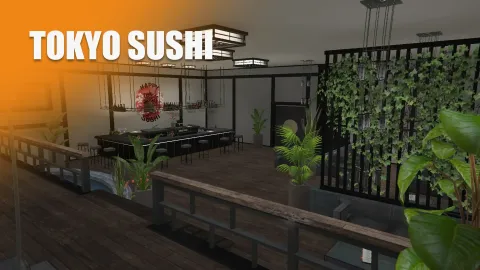 Happy Tokyo Sushi bar counter and dining seating in a FiveM server