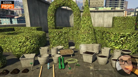 Garden props with plants and planters arranged in a backyard — view 2