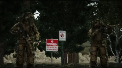 Ghillie suit EUP outfit worn by a character crouching in FiveM