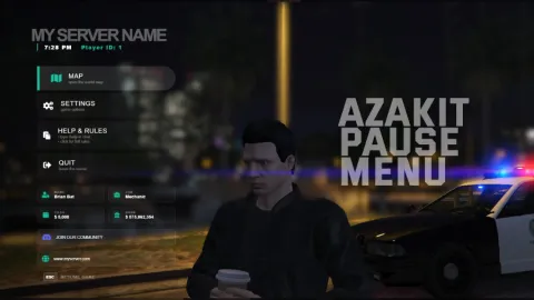 Glassmorphism pause menu with frosted glass panels open in FiveM