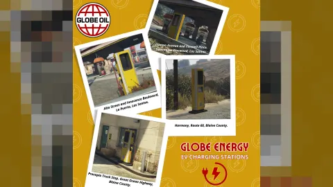 Globe EV charging station props placed at a FiveM fuel stop