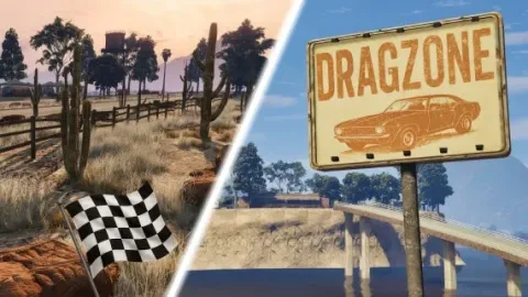 Island map with a drag strip, coastline, ramps and open terrain — FiveM MLO