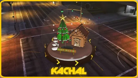 Kachal Christmas Square plaza with a lit tree and stalls in FiveM
